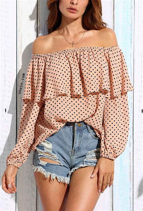 Pink Polka Dot Ruffle Off The Shoulder Blouse Pink Polka Dots