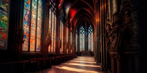 Gothic Cathedral With Stained Glass Windows And Intricate Architecture