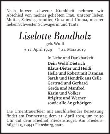 Traueranzeigen Von Liselotte Bandholz Sh Z Trauer