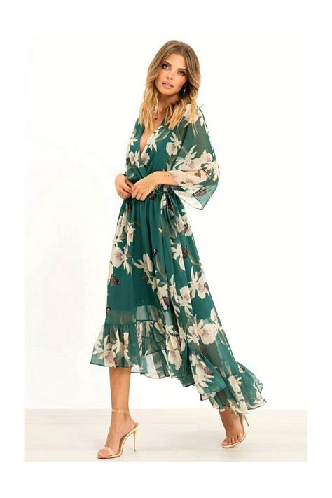 Floral Print Green Kimono Midi Wrap Dress