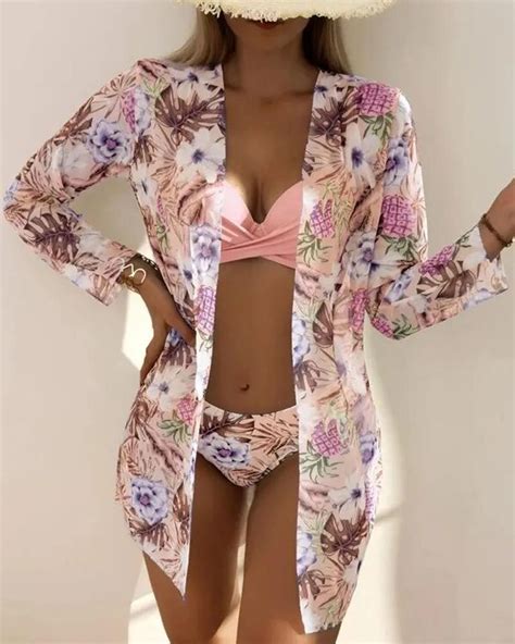 Piece Tropical Print Bikini Set With Cover Up Product Description