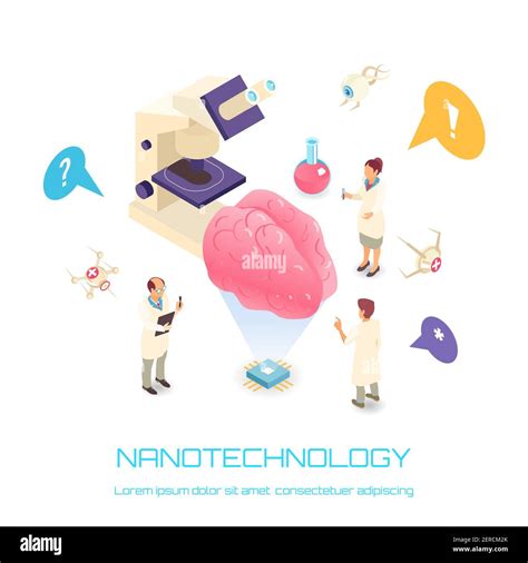 Nanotechnology Isometric Concept With Brain Science Symbols White