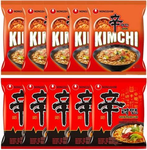 Nong Shim Shin And Kimchi Ramyun Korean Spicy Ramen Noodles Pack Of 10