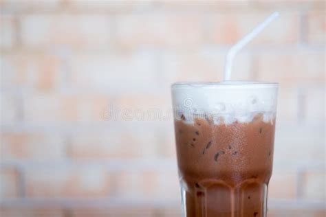 Glass Of Iced Cocoa Drink And Milk Foam Stock Image Image Of Caffeine