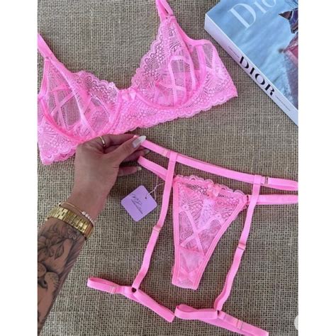 conjunto lingerie sexy calcinha sutiã e cinta liga rosa bordado Catrina Shopee Brasil