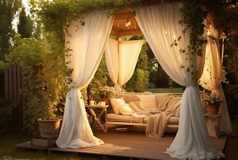 Premium AI Image | Summer garden gazebo with curtains and sofa for ...