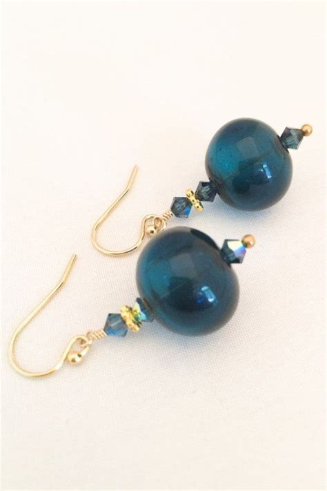 Dark Blue Glass Earrings Blue Lampwork Glass Earrings Blue Etsy Blue Crystal Earrings