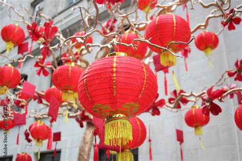 Chinese New Year Wishing Tree Where Lanterns Are On Tree And People