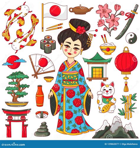 Japan Traditional National Icons Doodle Cartoon Vector Set Stock Vector