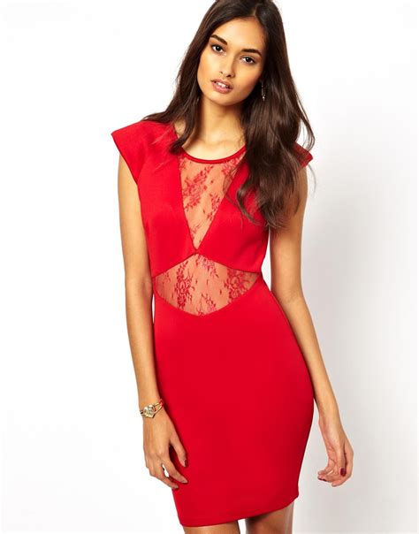 Ax Paris Bodycon Dress With Lace Insert In Red Lyst