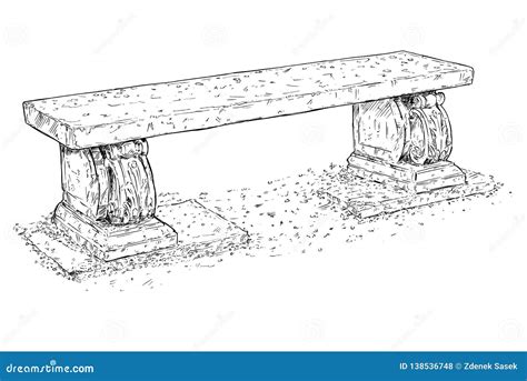 Drawing Of Old Antique Outdoor Park Or Garden Stone Bench Or Seat Stock