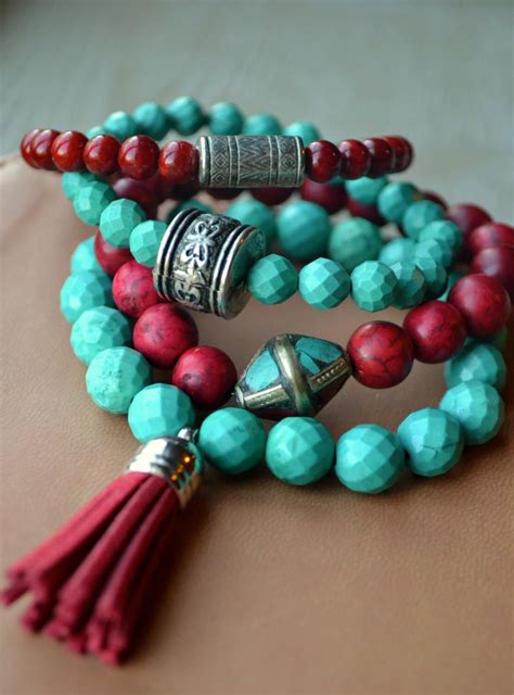 Boho Bohemian Beaded Stretch Bracelets With Tibetan Bead