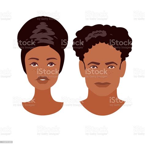 Beautiful Young Darkskinned Woman And Man Faces Boy And Girl Heads Isolated On White Background