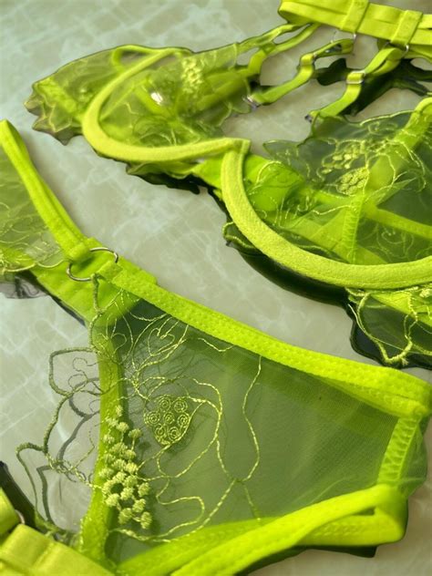 Elegant Lime Green Lingerie With Bra Panties Garter Belt And Choker Etsy