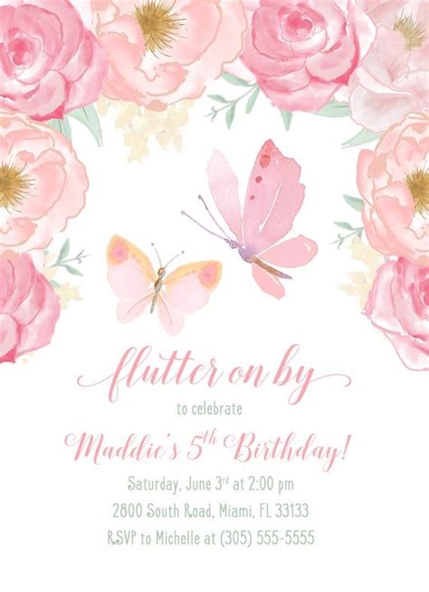 Butterfly Birthday Invitation Butterfly Invitation Pink Floral