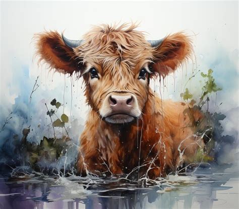 Premium Photo | Painting of a cow in water with a lot of water droplets ...