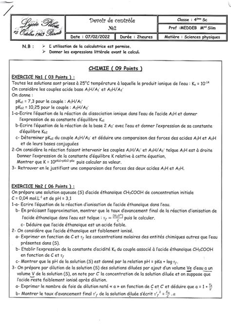 Bac Sc Exp Rimentales Physique Devoir De Controle N Devoir De