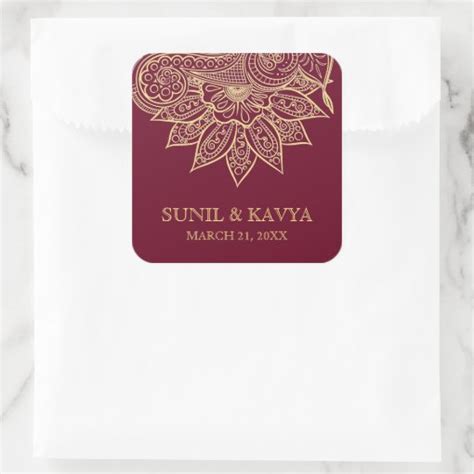 Gold Burgundy Mehendi Henna Indian Wedding Favor Square Sticker Zazzle