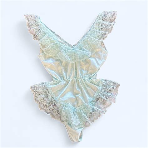 Baby Blue Vintage Lingerie Bodysuit With Lace Trim Depop