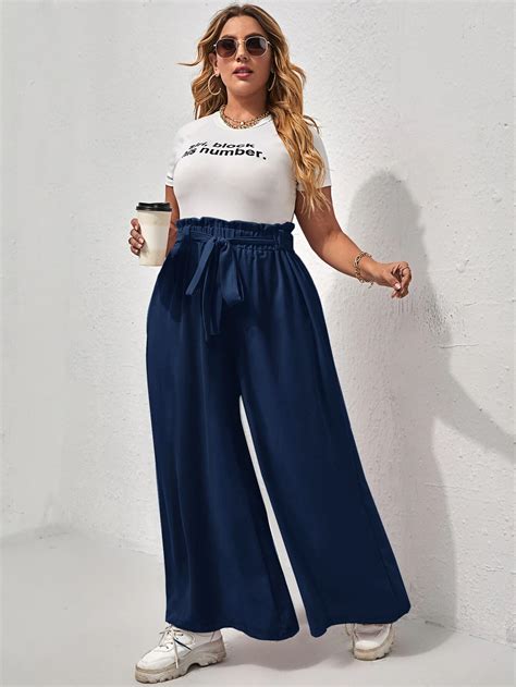 Shein Essnce Pantalones De Pierna Ancha De Cintura Con Volante Con