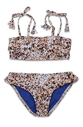 Hobie Girls Ruffle Straight Bandeau Bikini Top Ruffle Hipster Bottom Swimsuit Set Natural