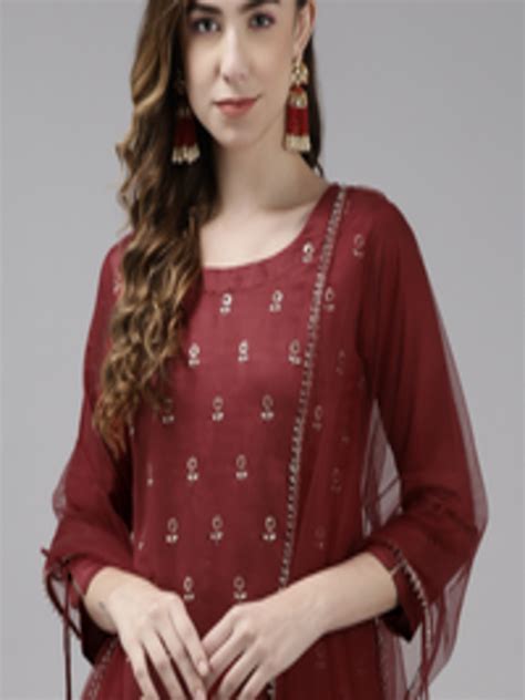 Buy Indo Era Women Maroon And Golden Floral Embroidered Liva Kurta With