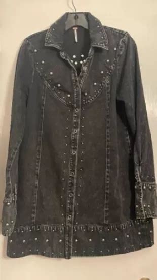 Free People Distressed Rich Black Denim Stud Accent Coat