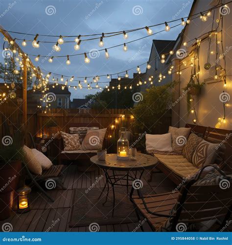 A Backyard Decorated With String Lights Lanterns For Festival Like New