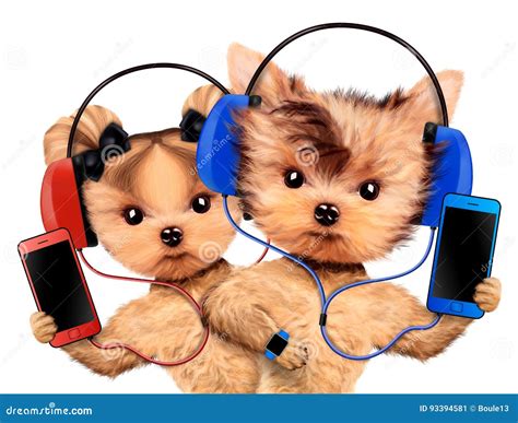 Funny Dogs Listening To Music On Headphones Stock Illustration