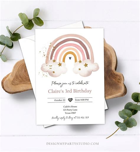 Editable Rainbow Birthday Invitation Boho Rainbow Invite Etsy