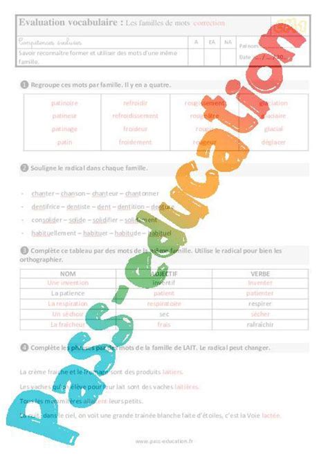 Les Familles De Mots Au Cm Valuation Bilan Pdf Imprimer Par