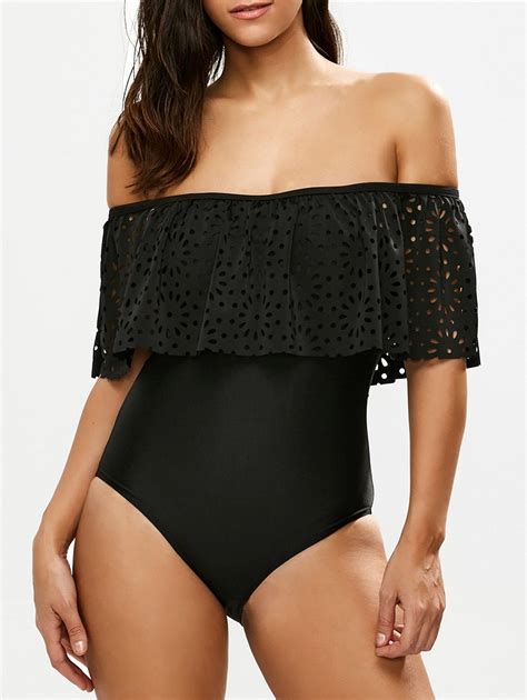 [17 Off] 2021 Flounce Off The Shoulder Swimsuit In Black Dresslily