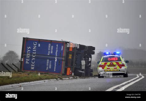 UK High Winds Batter The Country An Overturned Lorry On The Busy A37