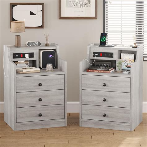 Afuhokles Nightstand Set Of 2 With Charging Station Night Stand With Hutch And Storage Drawers