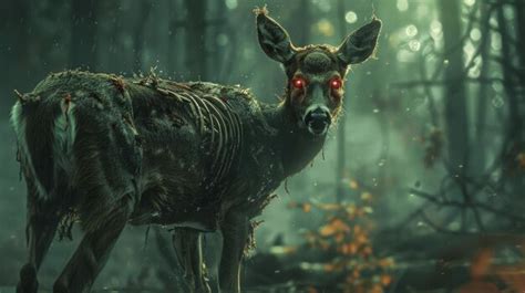 A Decaying Deer With Glowing Red Eyes Stands In A Dark Forest Premium