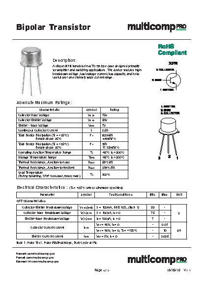 N Datasheet Bipolar Bjt Single Transistor Npn V Ma