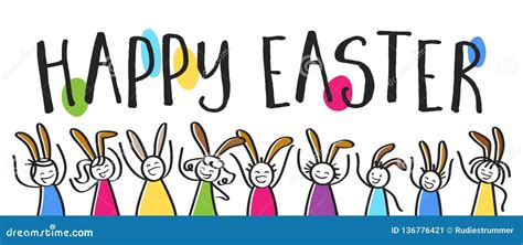 Happy Easter Lettering Colorful Stick People With Bunny Ears