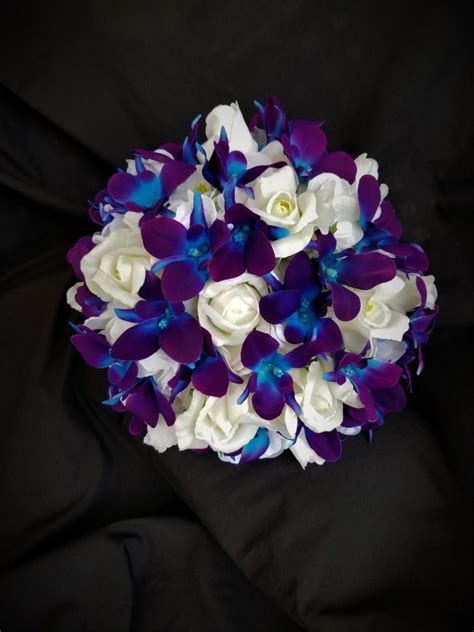 Purple Blue Galaxy Orchid, Hydrangea, Real Touch Rose Bridal Bouquet ...