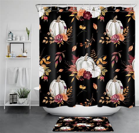 INPERCUST Purple Floral Pumpkin Shower Curtain For Fall Bathroom Decor