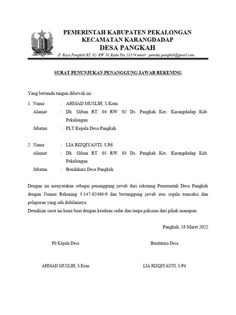 Surat Pernyataan Penanggung Jawab Rekening Stasiment Bank Pdf