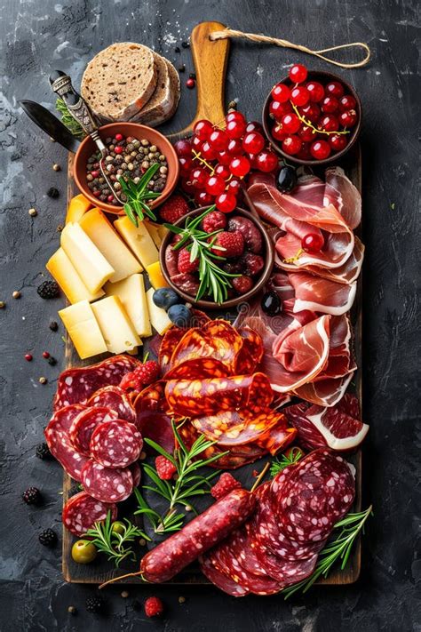 Spanish Charcuterie Board With Jamon Peppered Sausage Fuet Cheese