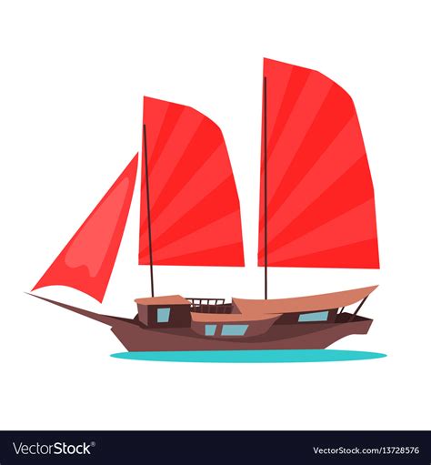 Traditional wooden junk ship flat icon Royalty Free Vector