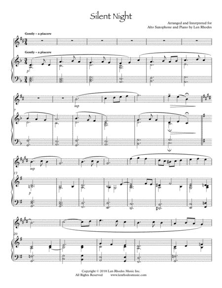 Silent Night For Alto Saxophone And Piano Arr Len Rhodes Sheet