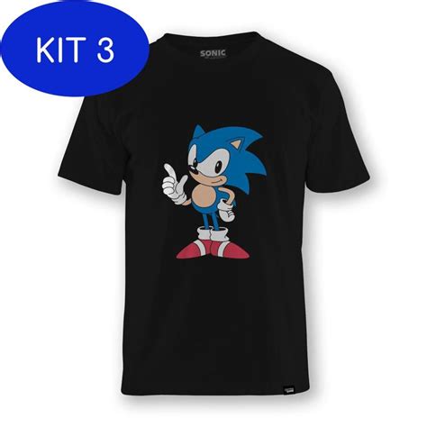 Kit 3 Camiseta Sonic The Hedgehog Classic Pose Preta 3G Tectoy