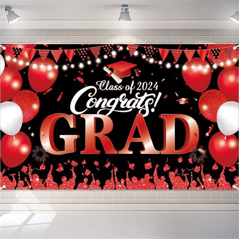 Congrats Grad Class Of 2024 Banner Red 72x44 Inch 2024 Graduation Banner Backdrop