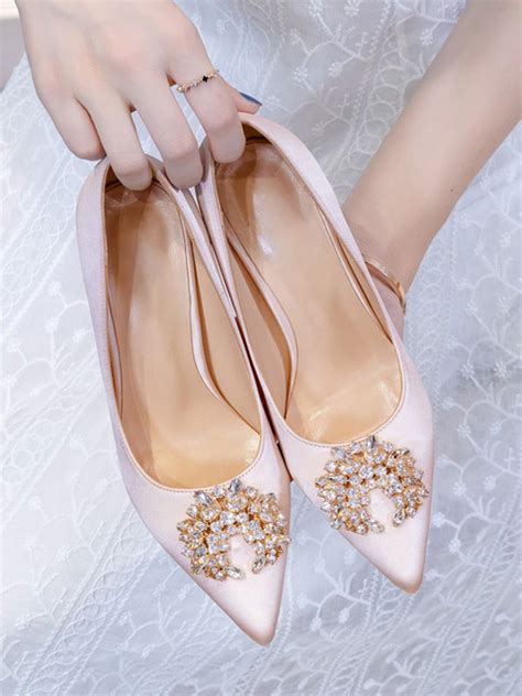 Chaussures de soirée pour femmes Nude bout pointu strass Chaussures de soirée en satin à talons