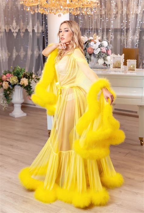Yellow Marabou Feather Robe Luxury Lingerie Bride Dressing Gown