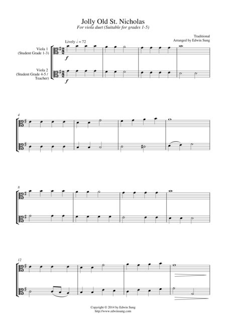 Jolly Old St Nicholas For Viola Duet Suitable For Grades Arr