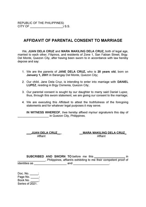 Affidavit Of Parental Consent To Marriage REPUBLIC OF THE PHILIPPINES