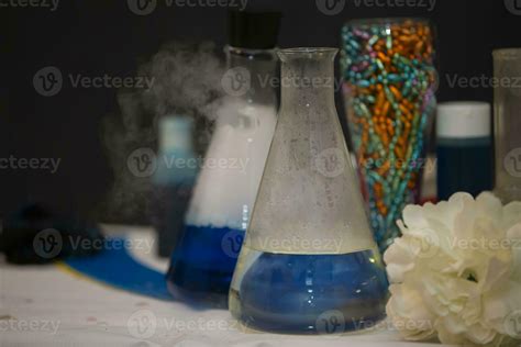 Laboratory flasks with solutions for scientific experiments. 26456760 ...